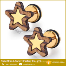 Gold Plated Surgical Steel Star Wood Inlay Fake Ear Plugs Tunnel